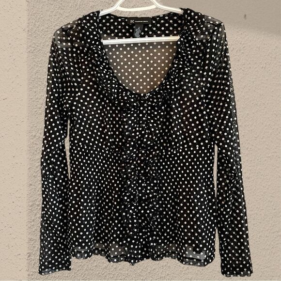 Black and white polka dot mesh ruffled blouse - Picture 2 of 9